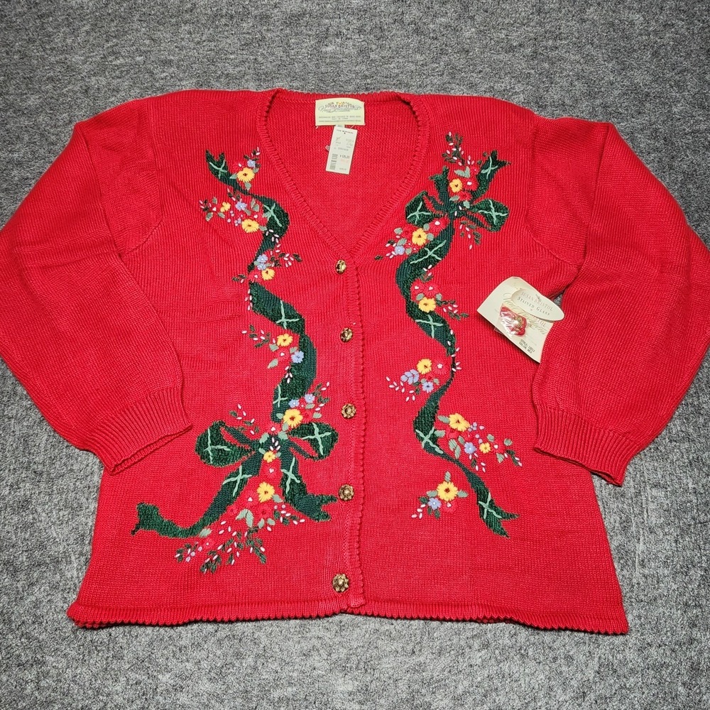 Susan Briston VTG Cardigan Sweater Flower Ribbon Stained Glass Red XL NWT Beads